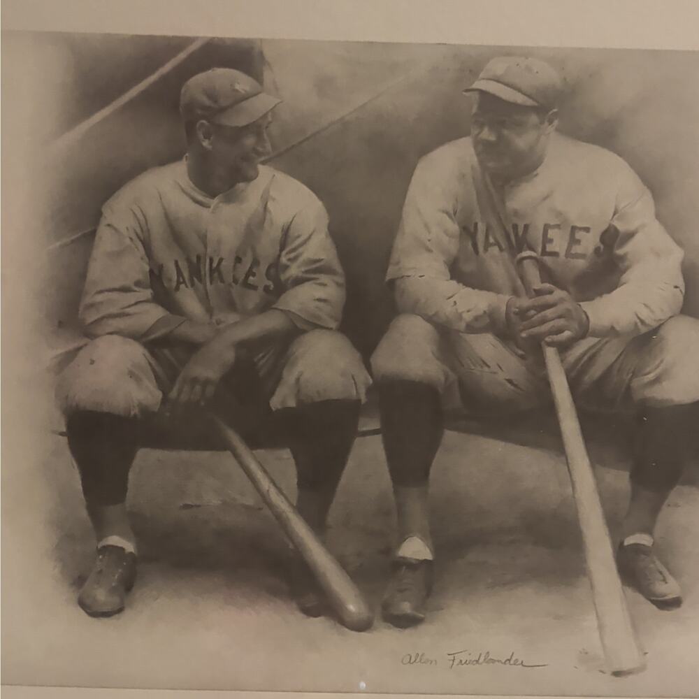 Baseball Print Framed Matted Babe Ruth Lou Gehrig Allen Friedlander Artist 19x23 - Picture 2 of 11